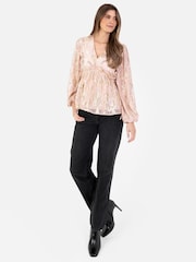 Lovedrobe Pink Long Sleeve Foiled Gathered Waist Peplum Top - Image 4 of 5