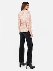 Lovedrobe Pink Long Sleeve Foiled Gathered Waist Peplum Top - Image 5 of 5