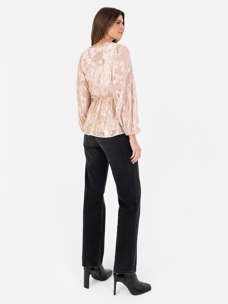 Lovedrobe Pink Long Sleeve Foiled Gathered Waist Peplum Top - Image 5 of 5