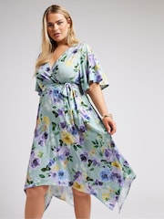 Yours Curve Green Floral Hanky Hem Wrap Dress - Image 1 of 1