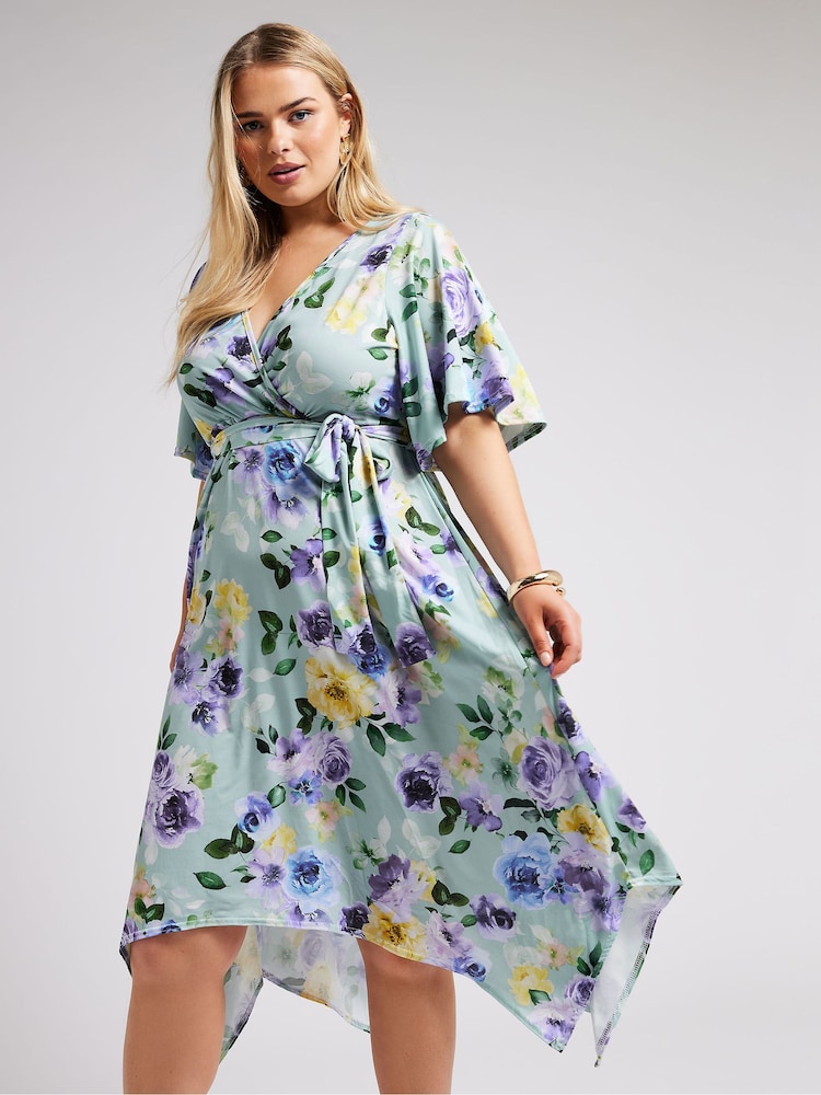 Yours Curve Green Floral Hanky Hem Wrap Dress - Image 1 of 1