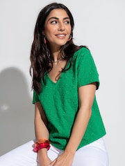 Pour Moi Green Niamh Broderie Jersey V-Neck 100% Cotton T-Shirt - Image 1 of 4