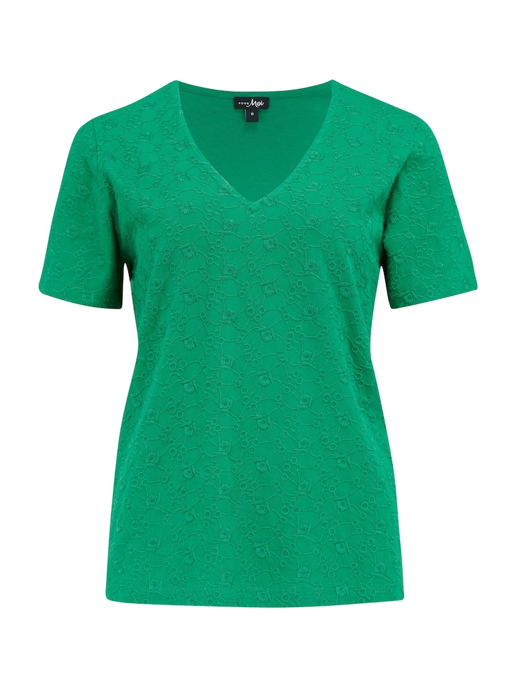 Pour Moi Green Niamh Broderie Jersey V-Neck 100% Cotton T-Shirt - Image 3 of 4