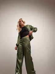 PixieGirl Petite Green Satin Cargo Trousers - Image 1 of 7