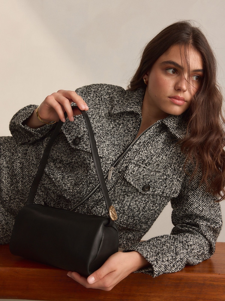 Black Leather Barrel Shoulder Bag - Image 1 of 8