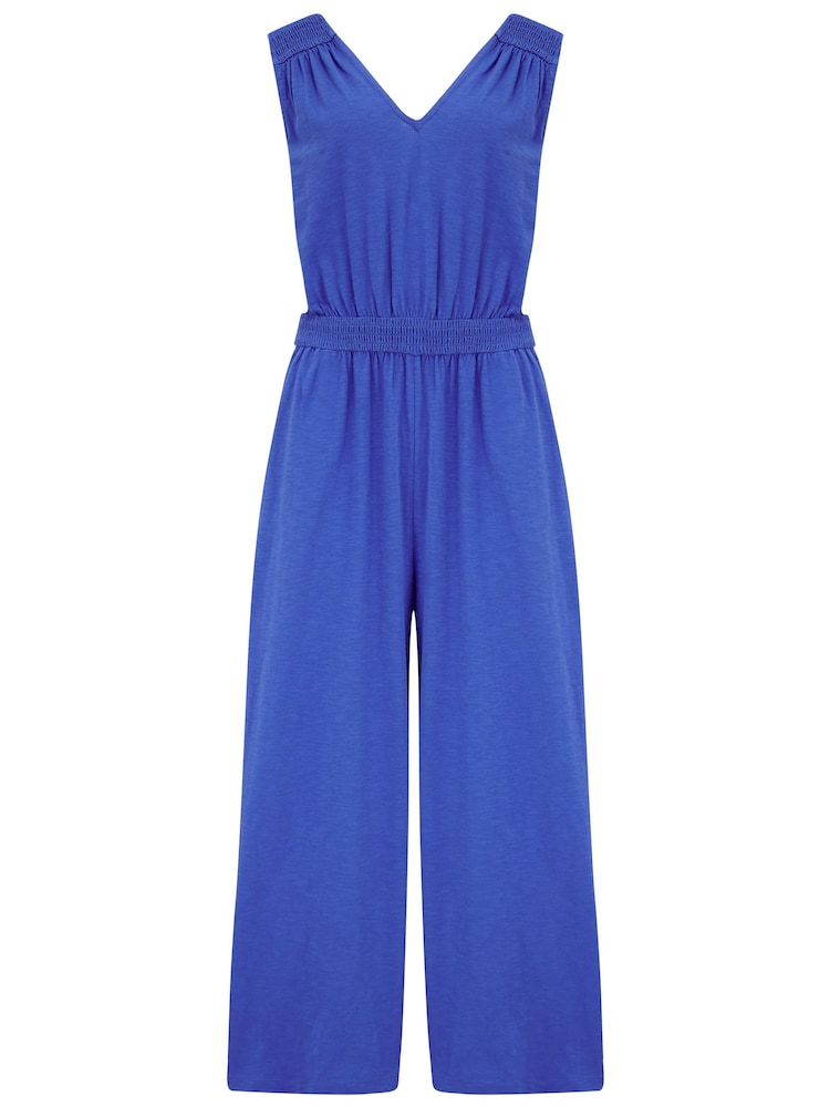 Pour Moi Blue Maya 100% Cotton Slub Jersey Built Up Cropped Leg Jumpsuit - Image 3 of 4