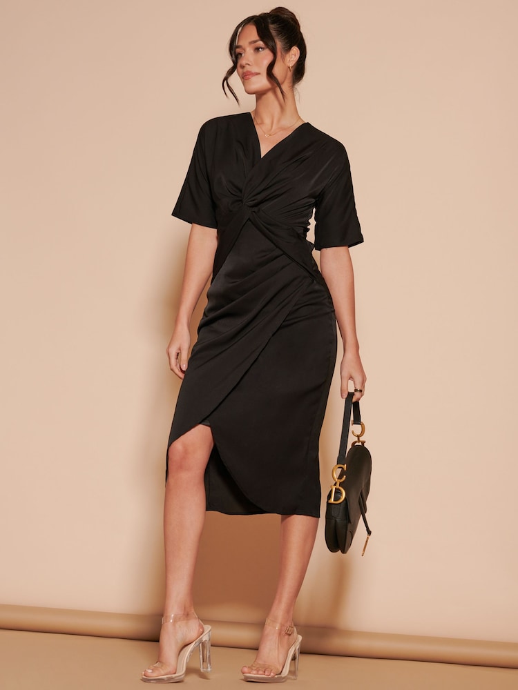 Jolie Moi Black Plain Twist Front Tulip Midi Dress - Image 1 of 6 Jolie Moi Black Plain Twist Front Tulip Midi Dress - Image 1 of 6