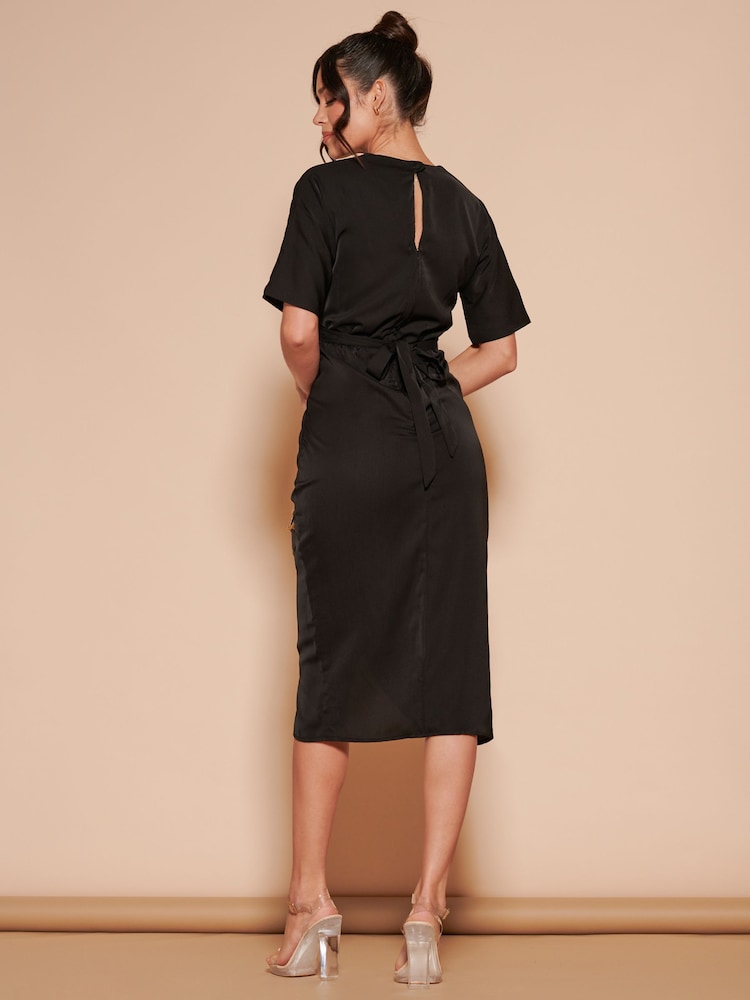 Jolie Moi Black Plain Twist Front Tulip Midi Dress - Image 2 of 6