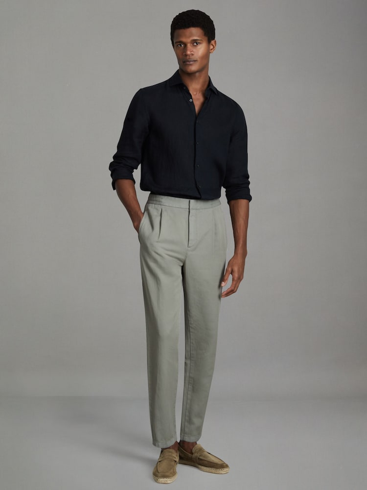 Reiss Pistachio Pact Relaxed Cotton/Linen Blend Elasticated Waist Trousers - Image 1 of 6