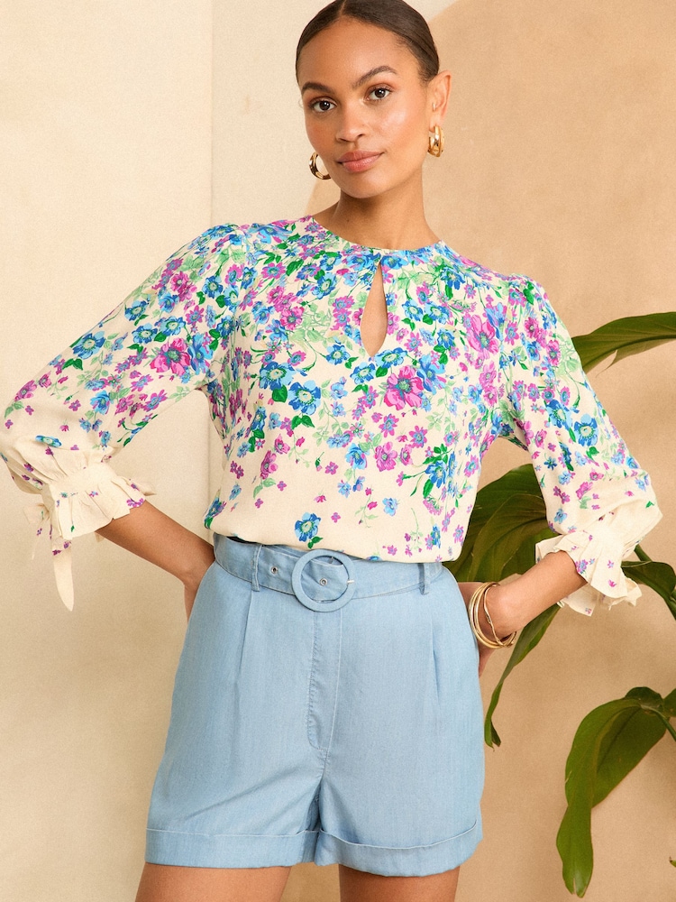 Love & Roses Floral Placement Print Shirred Cuff Blouse - Image 1 of 4