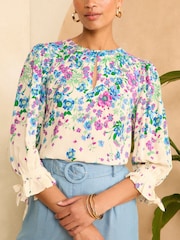 Love & Roses Floral Placement Print Shirred Cuff Blouse - Image 2 of 4