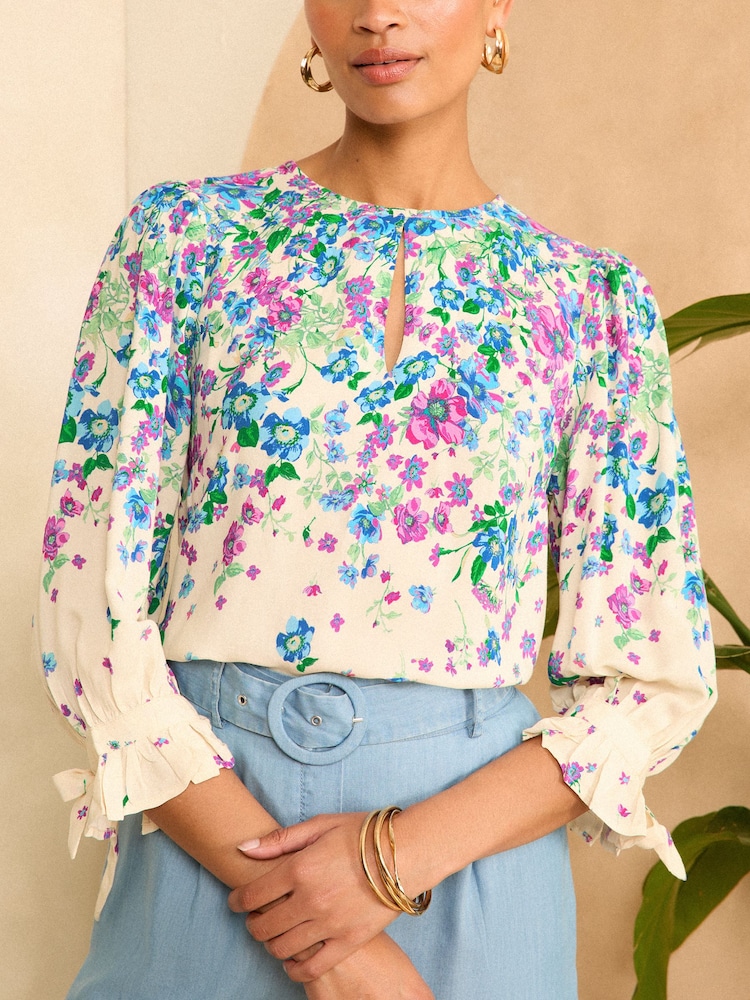 Love & Roses Floral Placement Print Shirred Cuff Blouse - Image 2 of 4