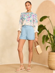 Love & Roses Floral Placement Print Shirred Cuff Blouse - Image 3 of 4