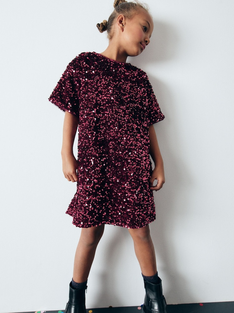 Berry Red Velour Sequin Party Dress (3-16yrs) - Image 2 of 6