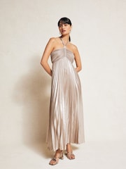Mango Silver Pleated Halter Neck Dress - Image 1 of 7