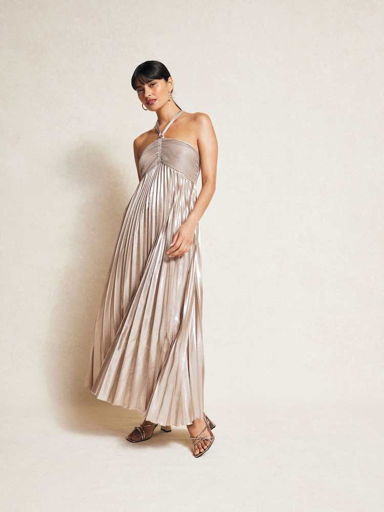 Mango Silver Pleated Halter Neck Dress - Image 2 of 7