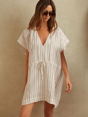 Reiss Cream/Brown Romy Linen-Cotton Striped Kaftan - Image 1 of 4