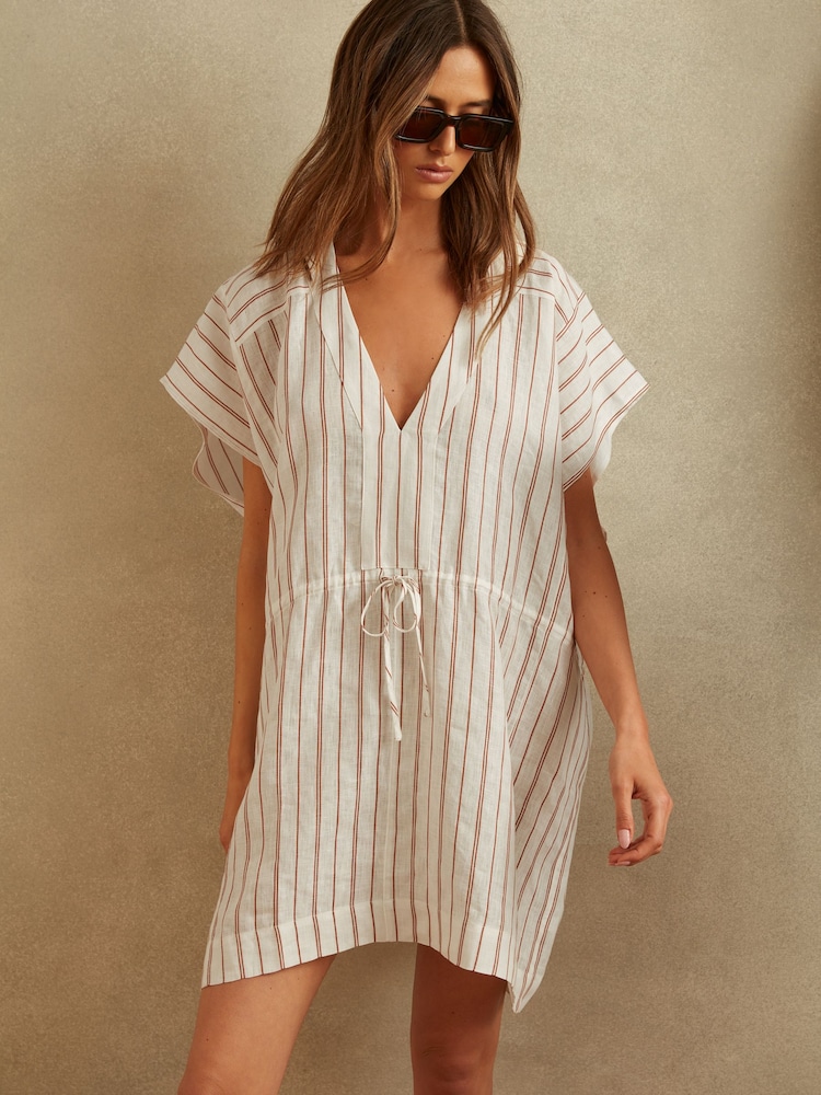 Reiss Cream/Brown Romy Linen-Cotton Striped Kaftan - Image 1 of 4