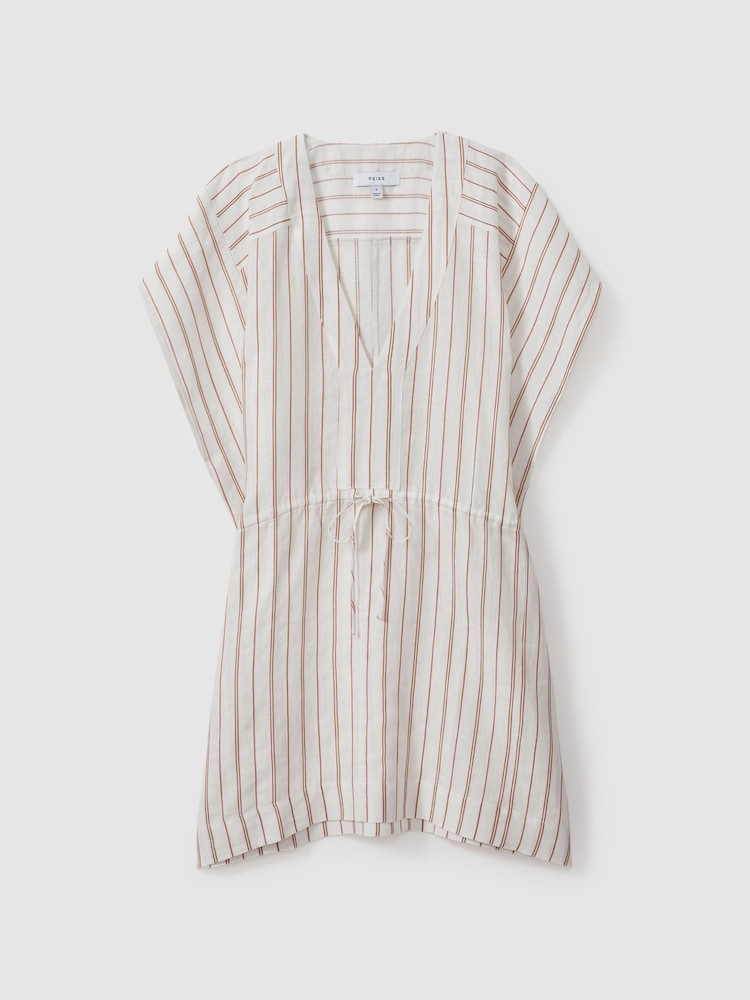 Reiss Cream/Brown Romy Linen-Cotton Striped Kaftan - Image 2 of 4