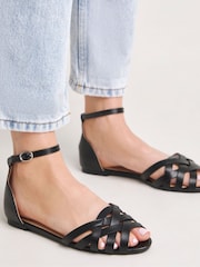 Simply Be Black Extra Wide Fit Laser Cut Out Peep Toe Ballerinas - Image 1 of 4