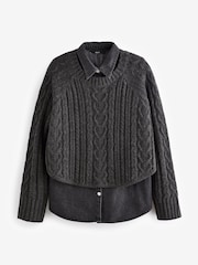 Grey Charcoal Denim Shirt Layer Cable Knitted Jumper - Image 2 of 4