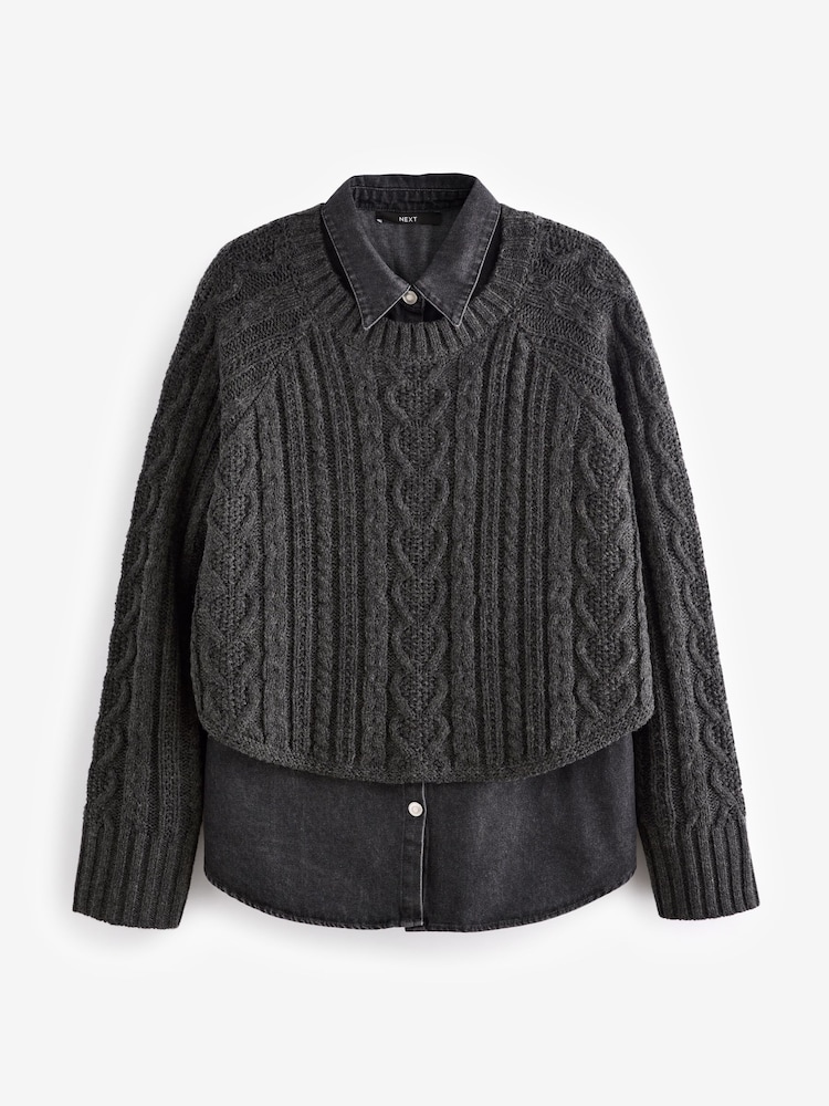 Grey Charcoal Denim Shirt Layer Cable Knitted Jumper - Image 2 of 4