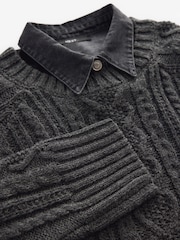 Grey Charcoal Denim Shirt Layer Cable Knitted Jumper - Image 3 of 4
