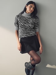 Black White Roll Neck Short Sleeve Zebra Knitted Jumper with Wool - Image 1 of 8