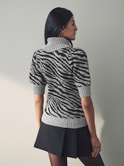 Black White Roll Neck Short Sleeve Zebra Knitted Jumper with Wool - Image 3 of 8