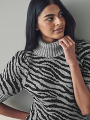 Black White Roll Neck Short Sleeve Zebra Knitted Jumper with Wool - Image 4 of 8