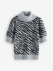 Black White Roll Neck Short Sleeve Zebra Knitted Jumper with Wool - Image 5 of 8