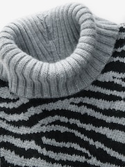 Black White Roll Neck Short Sleeve Zebra Knitted Jumper with Wool - Image 6 of 8