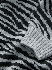 Black White Roll Neck Short Sleeve Zebra Knitted Jumper with Wool - Image 7 of 8