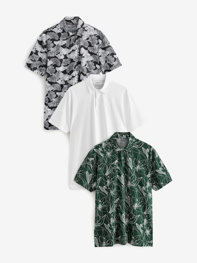 Mono Print Regular Fit Short Sleeve Jersey Polo Shirts 3 Pack - Image 1 of 12