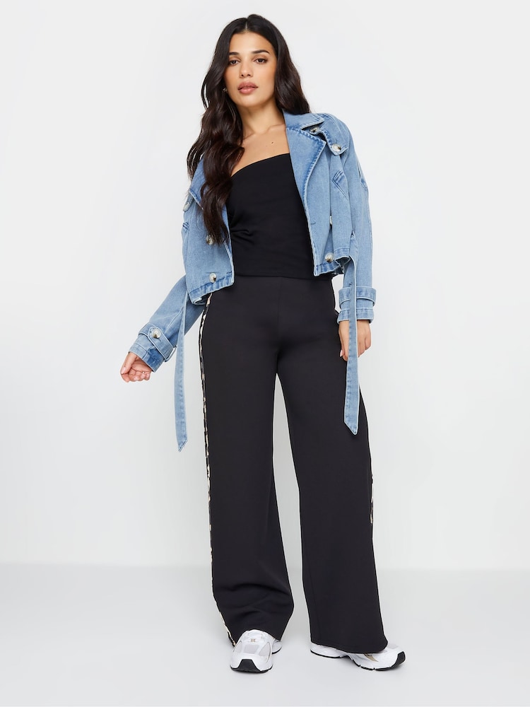 PixieGirl Petite Black Leopard Print Side Stripe Wide Leg Trousers - Image 1 of 5