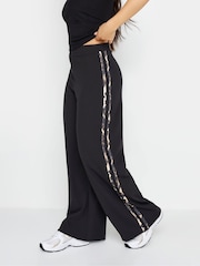 PixieGirl Petite Black Leopard Print Side Stripe Wide Leg Trousers - Image 4 of 5
