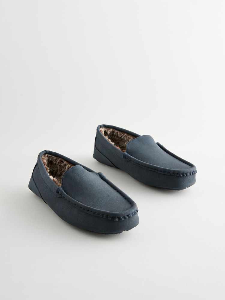Navy Blue Faux Fur Lined Moccasin Slippers - Image 1 of 5