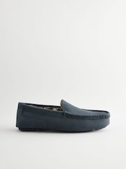 Navy Blue Faux Fur Lined Moccasin Slippers - Image 2 of 5