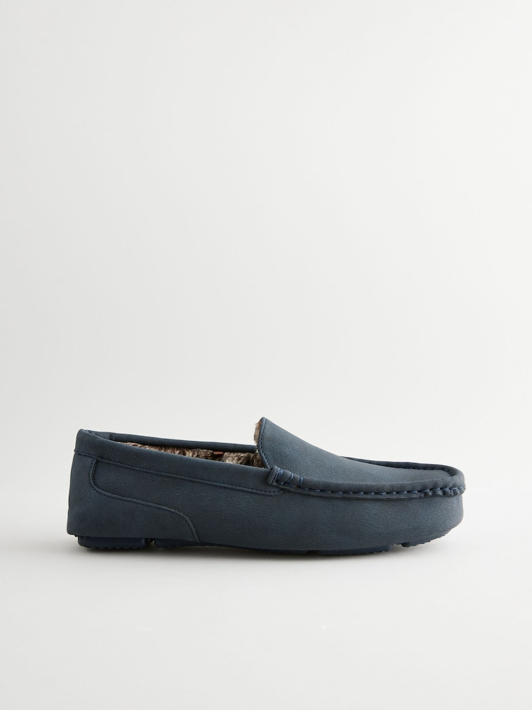Navy Blue Faux Fur Lined Moccasin Slippers - Image 2 of 5