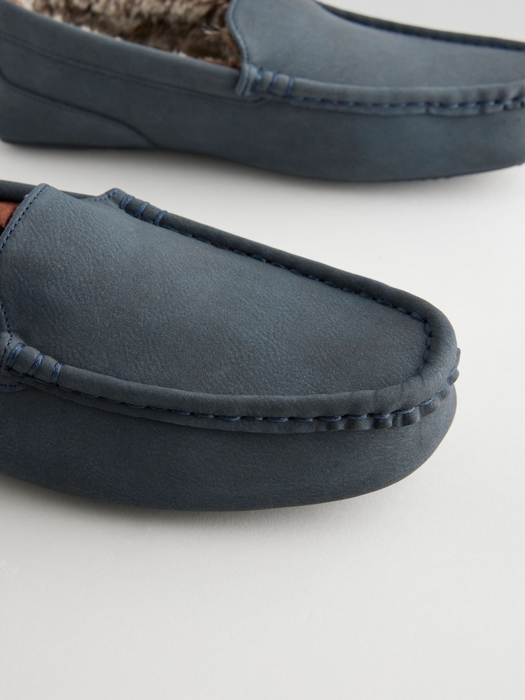 Navy Blue Faux Fur Lined Moccasin Slippers - Image 3 of 5