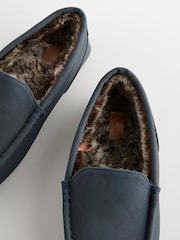 Navy Blue Faux Fur Lined Moccasin Slippers - Image 4 of 5