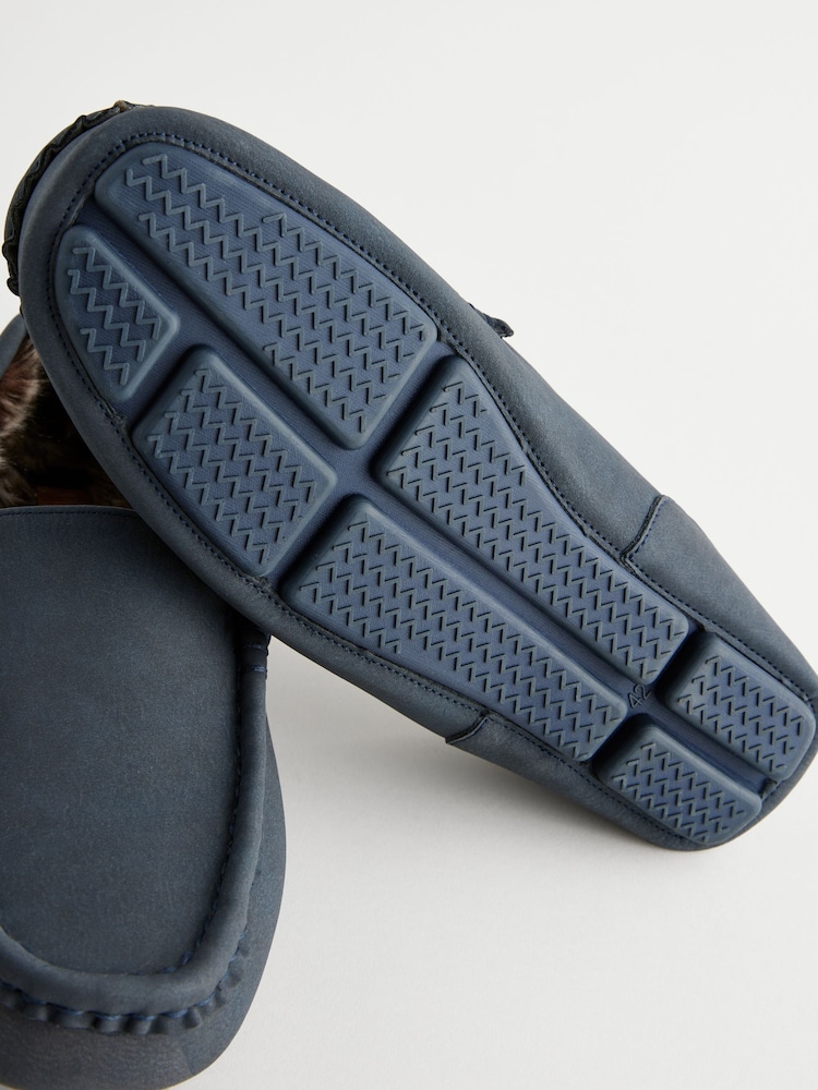 Navy Blue Faux Fur Lined Moccasin Slippers - Image 5 of 5