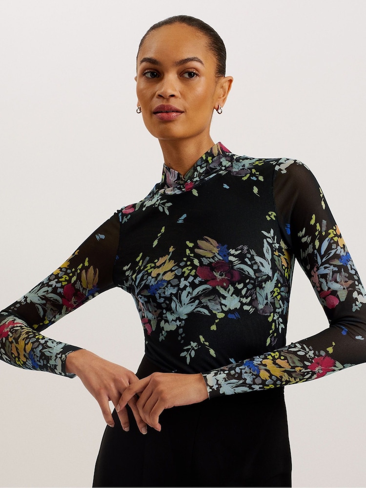 Ted Baker Black Printed Amandha Mesh Long Sleeve Top - Image 1 of 6