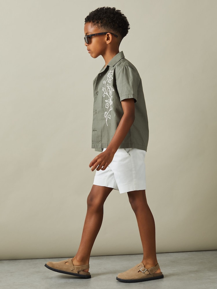 Reiss Sage/Off White Sonny 3-9 yrs Cotton Embroidered Cuban Collar Shirt - Image 1 of 4