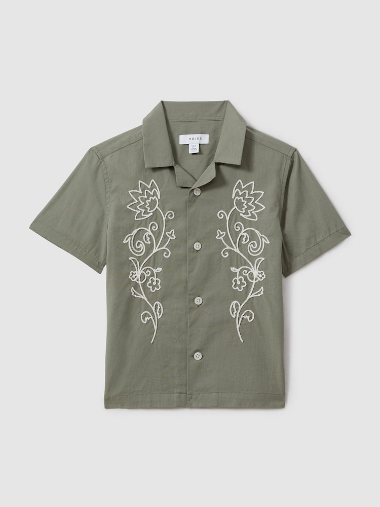 Reiss Sage/Off White Sonny 3-9 yrs Cotton Embroidered Cuban Collar Shirt - Image 2 of 4