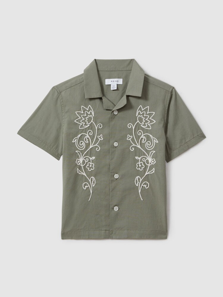 Reiss Sage/Off White Sonny 3-9 yrs Cotton Embroidered Cuban Collar Shirt - Image 2 of 4 Reiss Sage/Off White Sonny 3-9 yrs Cotton Embroidered Cuban Collar Shirt - Image 2 of 4