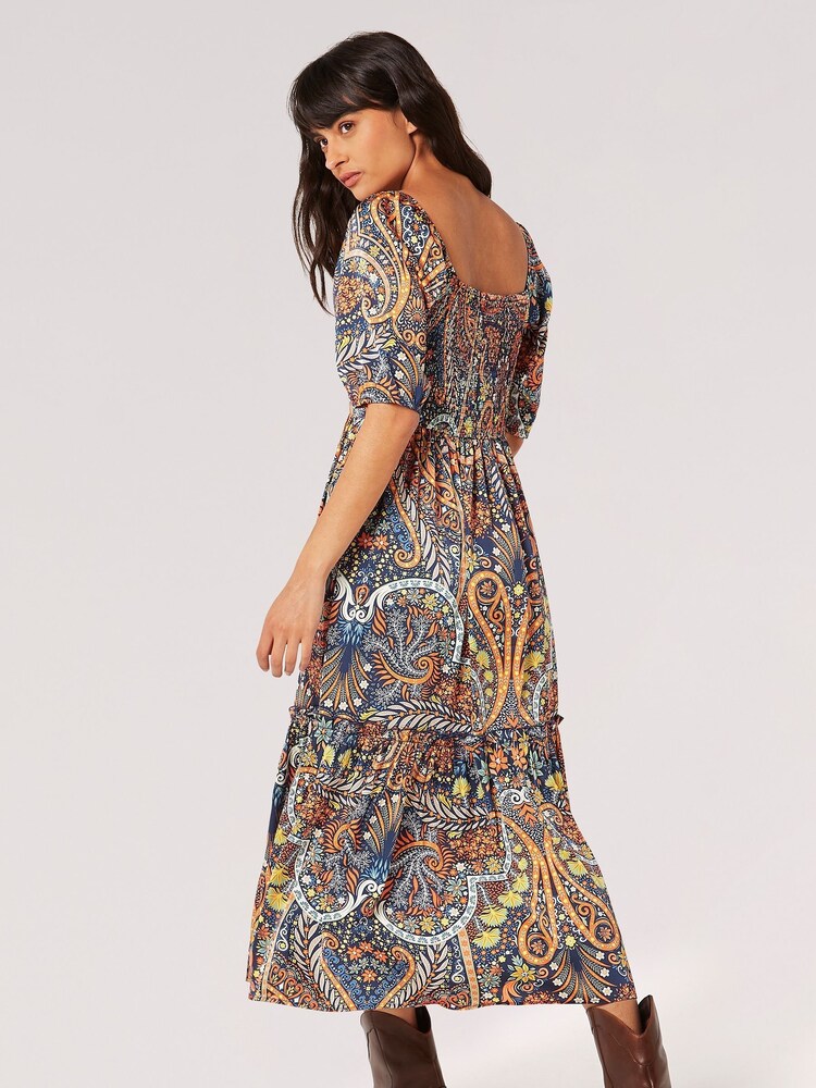 Apricot Blue Boho Floral Satin Midi Dress - Image 1 of 3 Apricot Blue Boho Floral Satin Midi Dress - Image 1 of 3