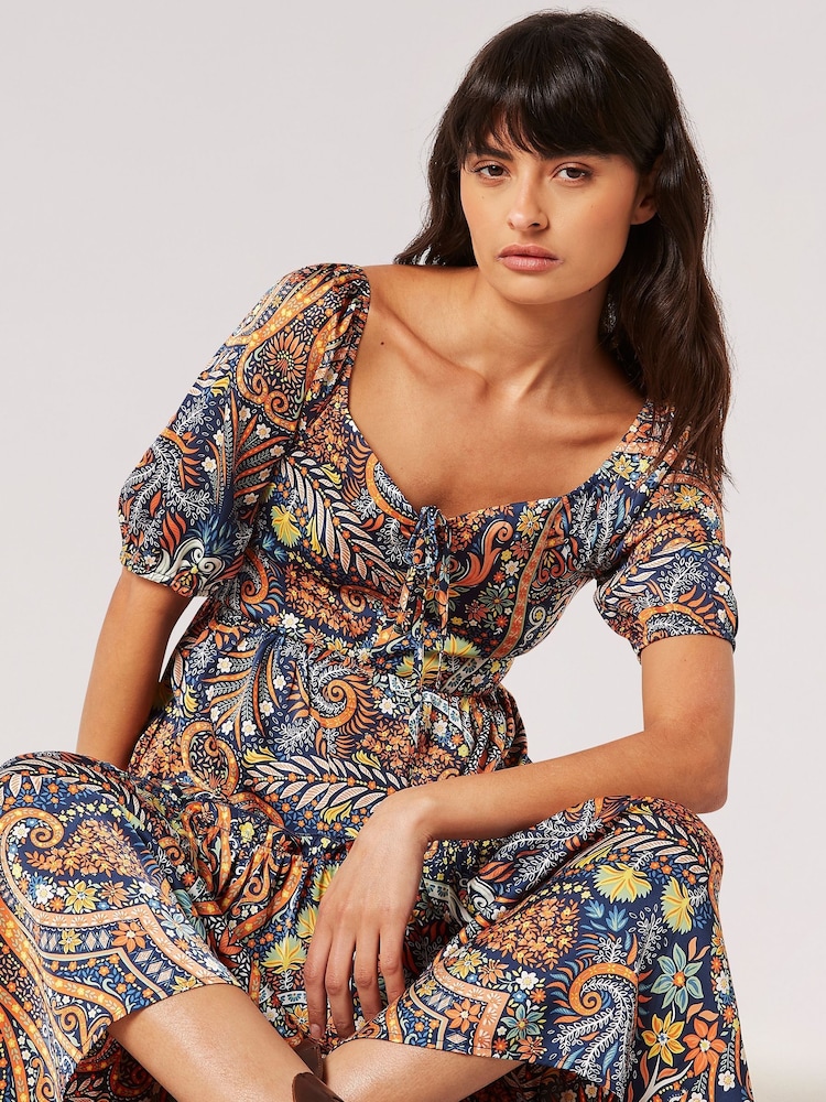 Apricot Blue Boho Floral Satin Midi Dress - Image 2 of 3 Apricot Blue Boho Floral Satin Midi Dress - Image 2 of 3