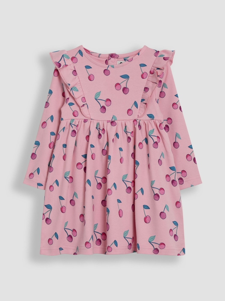 JoJo Maman Bébé Pink Cherry Frill Sleeve Rib Dress - Image 2 of 3