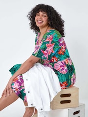 Roman Green Ruched Front Tropical Leaf Dress - Image 1 of 5